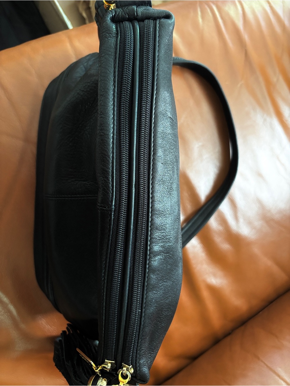 Tignanello Soft Black Leather Shoulder Bag with Large Leather Tassel - Picture 5 of 11